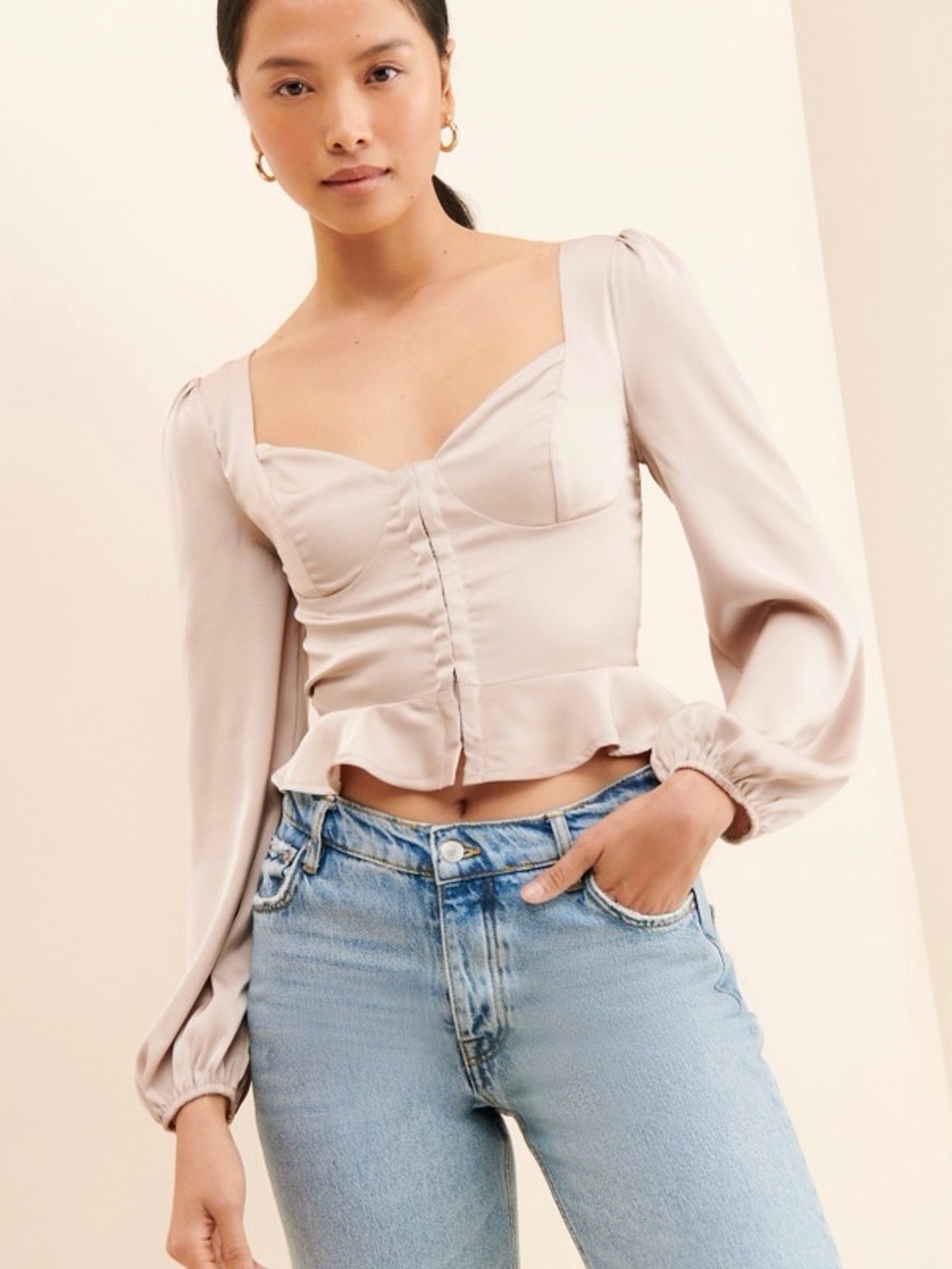 ASTR The Label ‘Satin Puff Sleeve Corset Top’ in “Nude / Neutral” Size Large